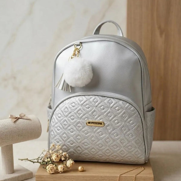 Morral Casual Dama Pompon Gris Plata