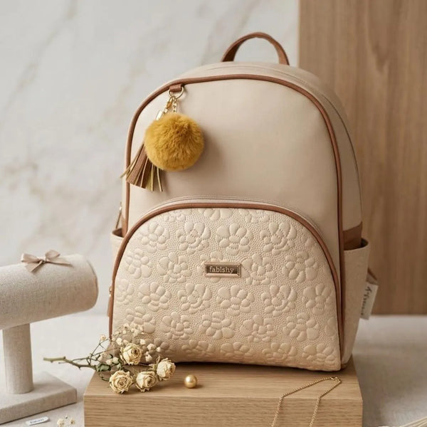 Morral Casual Dama Pompon Beige y Cafe