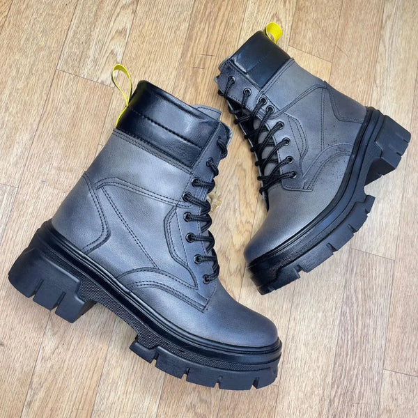 Botin Para Dama Gris-Negra Cordones