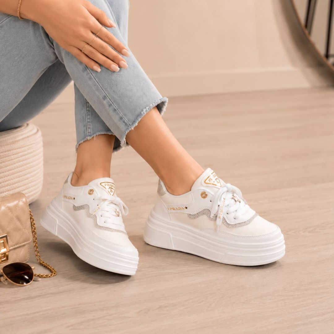 Zapatilla Prada Plataforma Crema y Plateado