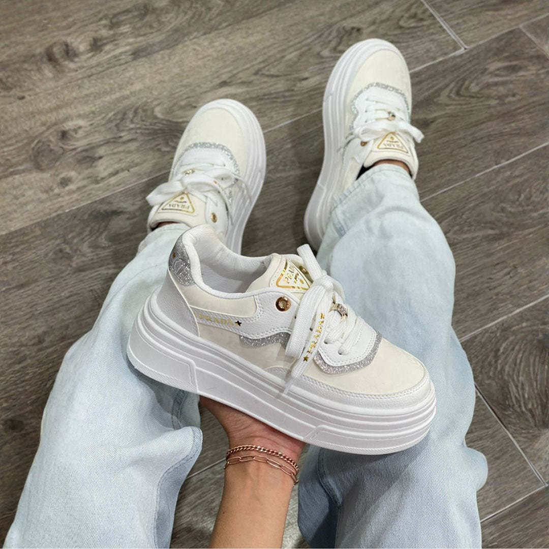 Zapatilla Prada Plataforma Crema y Plateado